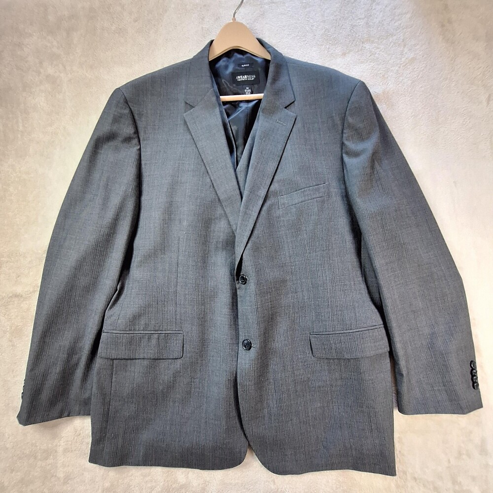 Awearness Kenneth Cole Suit Mens 3XL Gray Slim Fit Wool Blend Blazer Vest Set